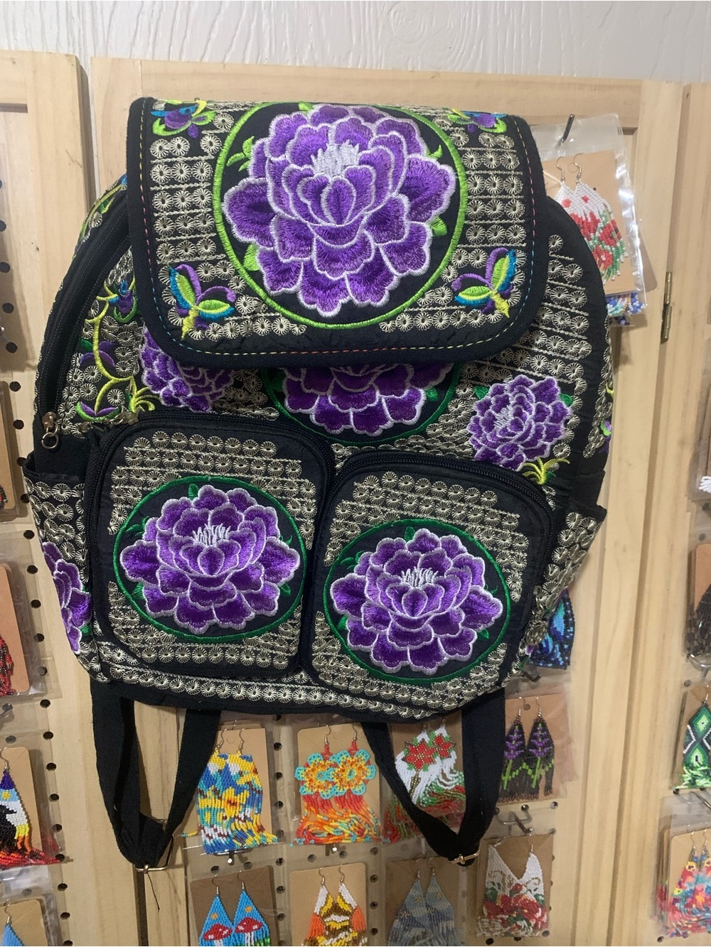 Source Unknown Black Backpack with Purple Floral Embroidery